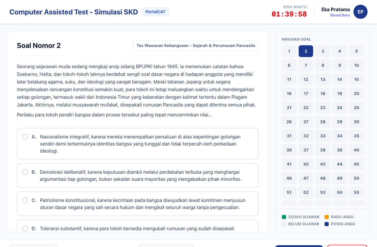 Tampilan Simulasi CAT PortalCAT — timer ujian, soal pilihan ganda, dan navigasi nomor soal standar BKN